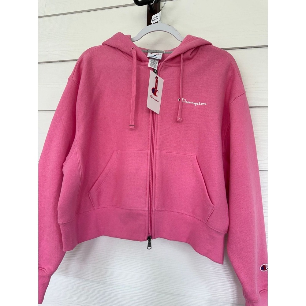 #A- 051-Champion Pink Full Zip Cropped Hoodie Sweatshirt Women Medium New